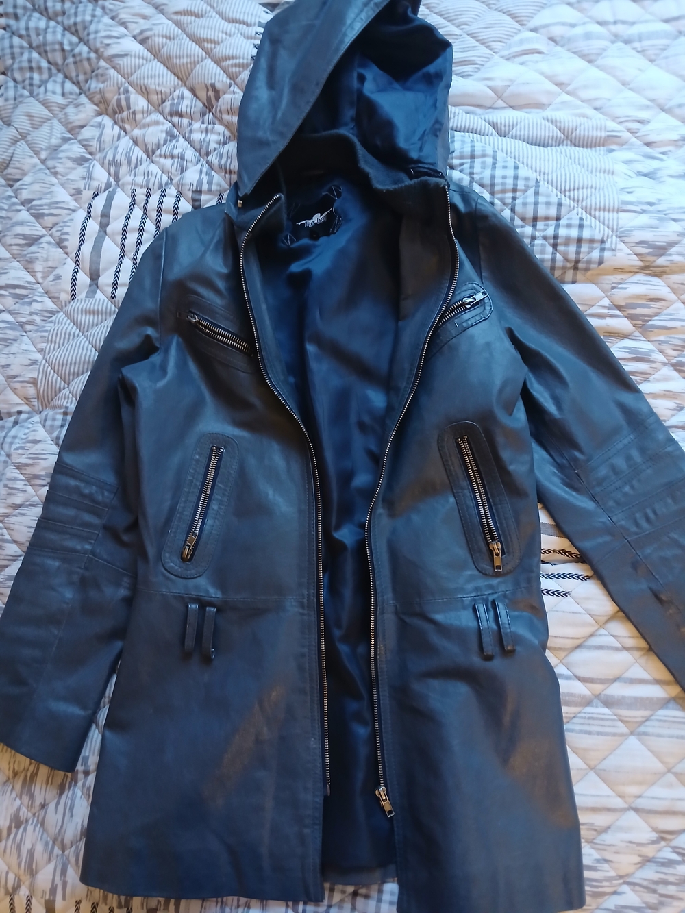 Women’s Navy Hooded Pig's Leather Jacket -Thee Bay Stylish Urban Coat